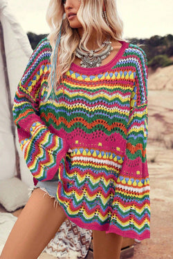 Red Pink Color Block Striped Openwork Knit Loose Sleeve Sweater