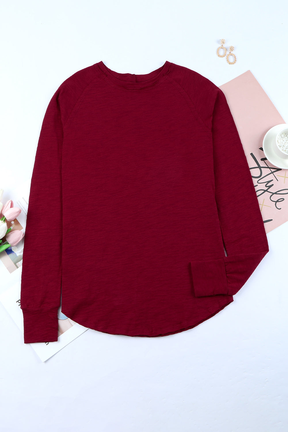 Top de manga larga y cuello liso rojo brillante