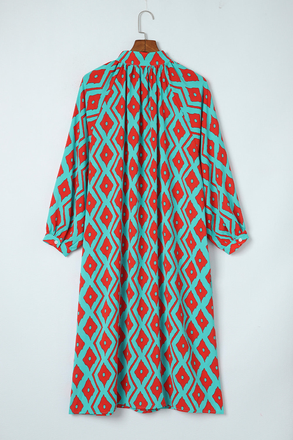 Sky Blue Western Geometric Print Split Buttoned Shirt Dress