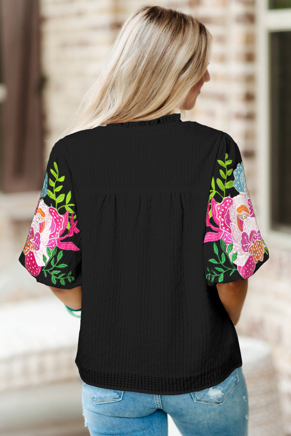 Black Floral Embroidered Puff Sleeve Notched Neck Blouse