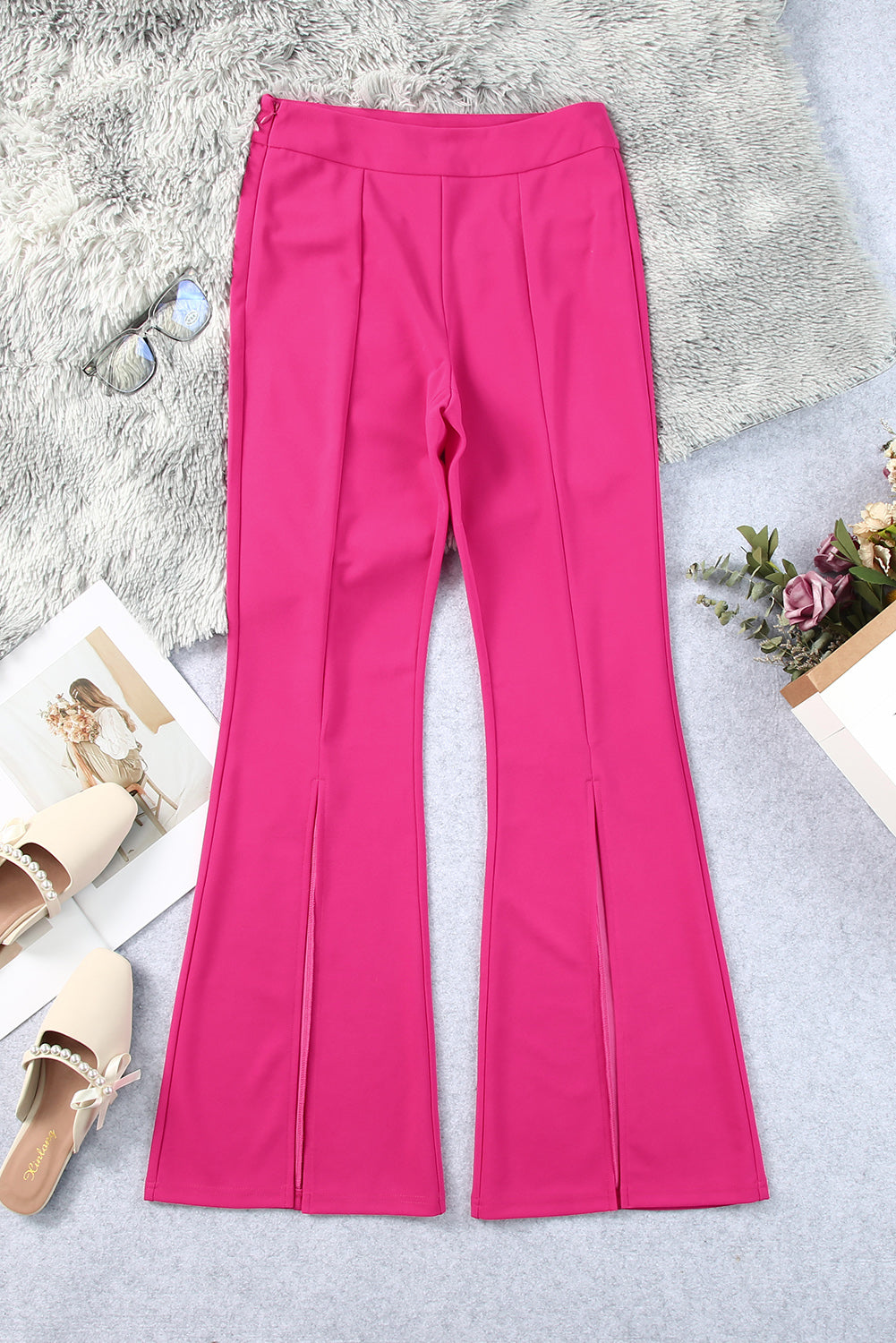 Pantalon taille haute rose à ourlet fendu