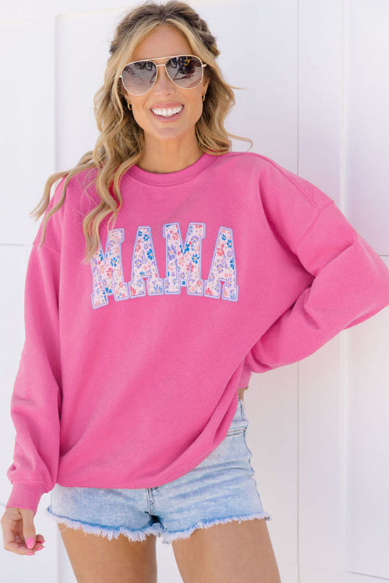 MAMA Floral Red Pink Embroidered Graphic Sweatshirt