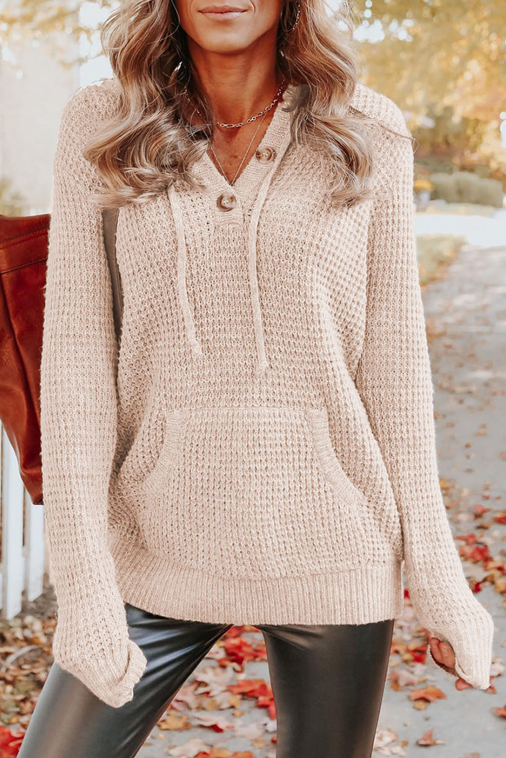 Pull à capuche avec boutons en tricot gaufré abricot avec poche