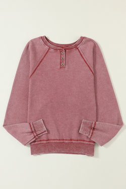 Bright Red Waffle Knit Raglan Sleeve Henley Sweatshirt