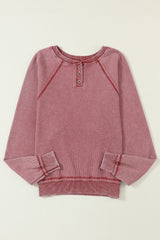 Sweat Henley à manches raglan en tricot gaufré rouge vif