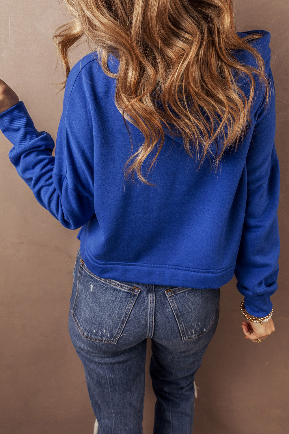 Dark Blue Drop Shoulder Drawstring Cropped Hoodie