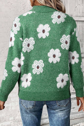 Green sweater with floral motif and half-zip *