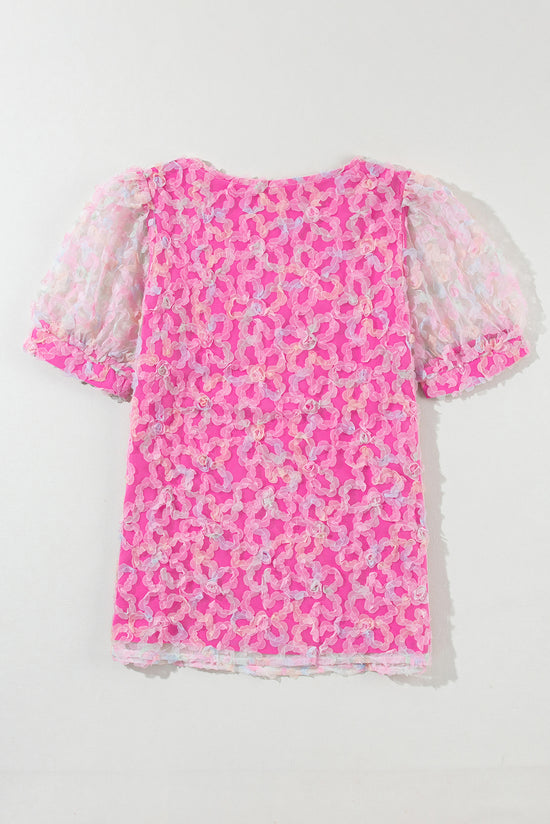 Blouse à manches courtes bouffantes en maille fleurie Bonbon