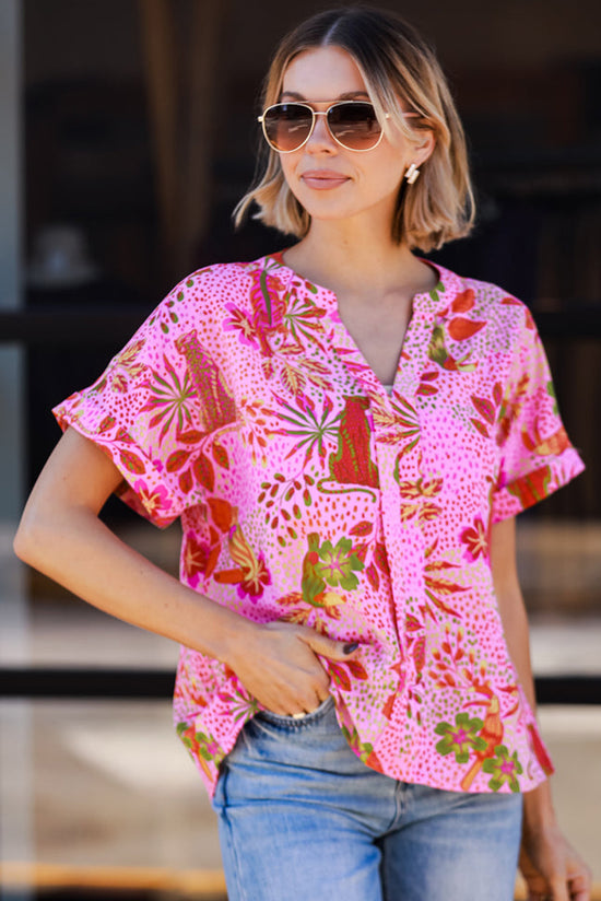 Crowt V -Neck Bluse con estampado floral de la jungla rosa