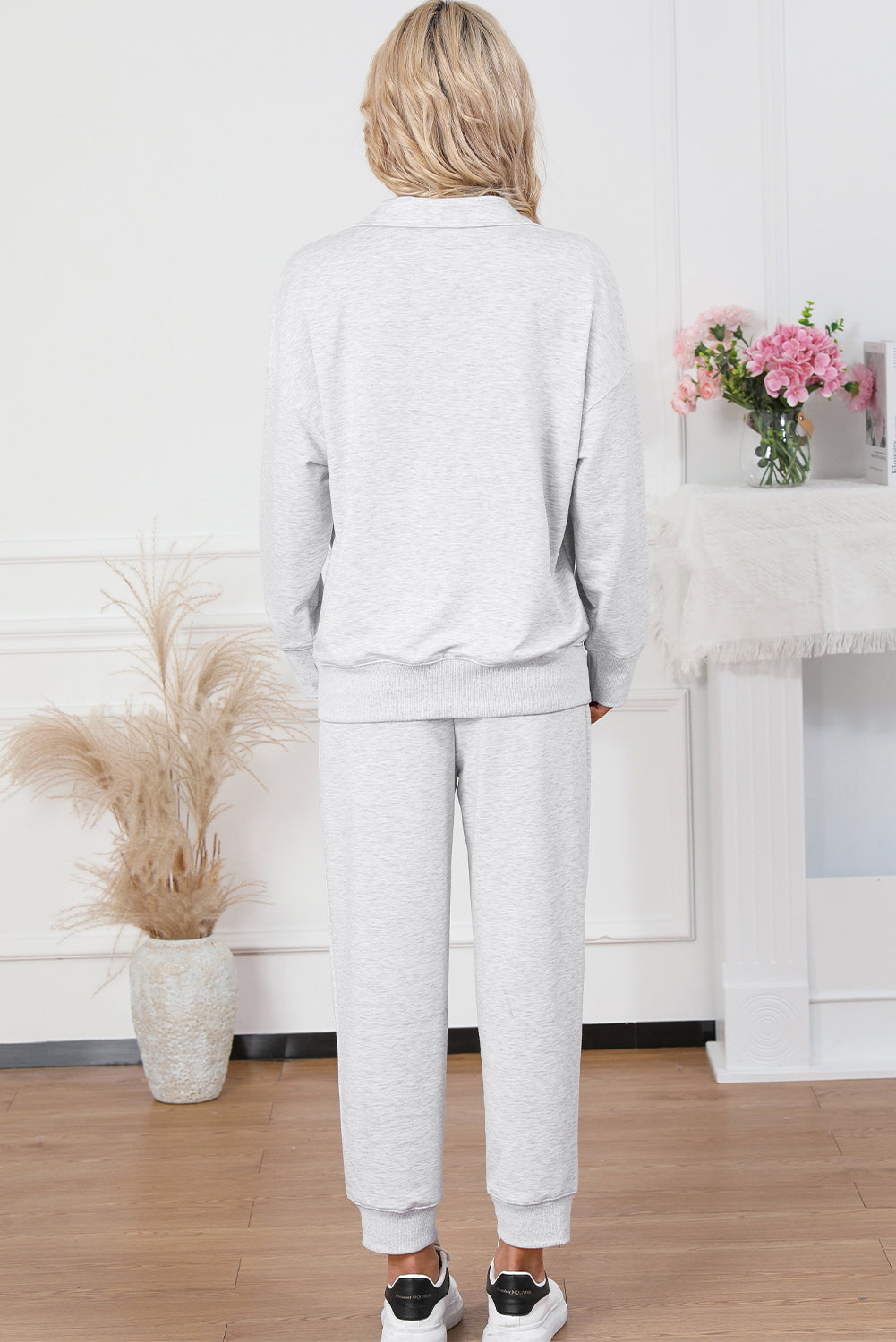 Ensemble de salon taille haute gris uni à demi-zippé avec cordon de serrage-A WOMAN WE LOVE