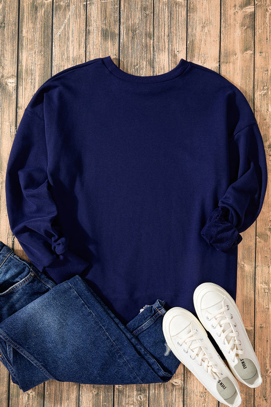 Navy Blue Solid Crew Neck Sweatshirt with High Low Hem