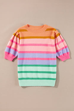 Short sleeve sweater with pink red colored stripes