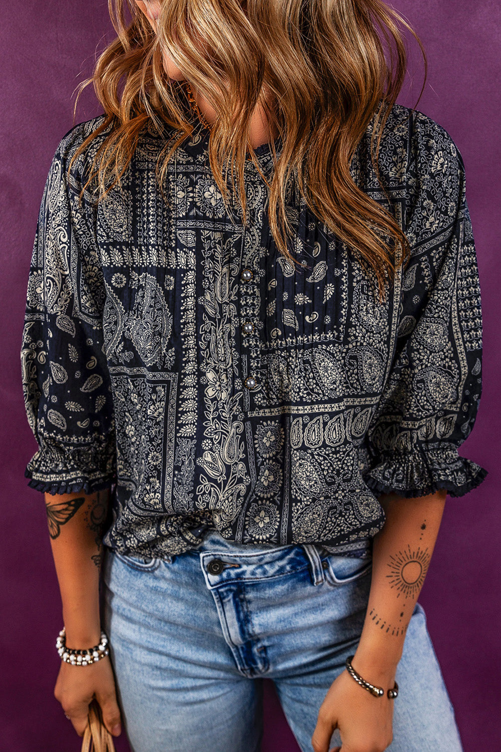 Navy Blue Vintage Boho Paisley Print 3/4 Blouse à manches