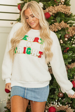 MERRY & Bright Christmas White Chenille Graphic Sherpa Sweatshirt