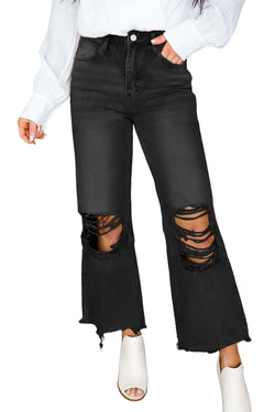 Shortless flared jeans high black waist aged effect