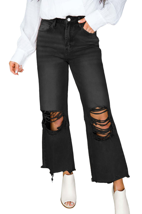 Shortless flared jeans high black waist aged effect