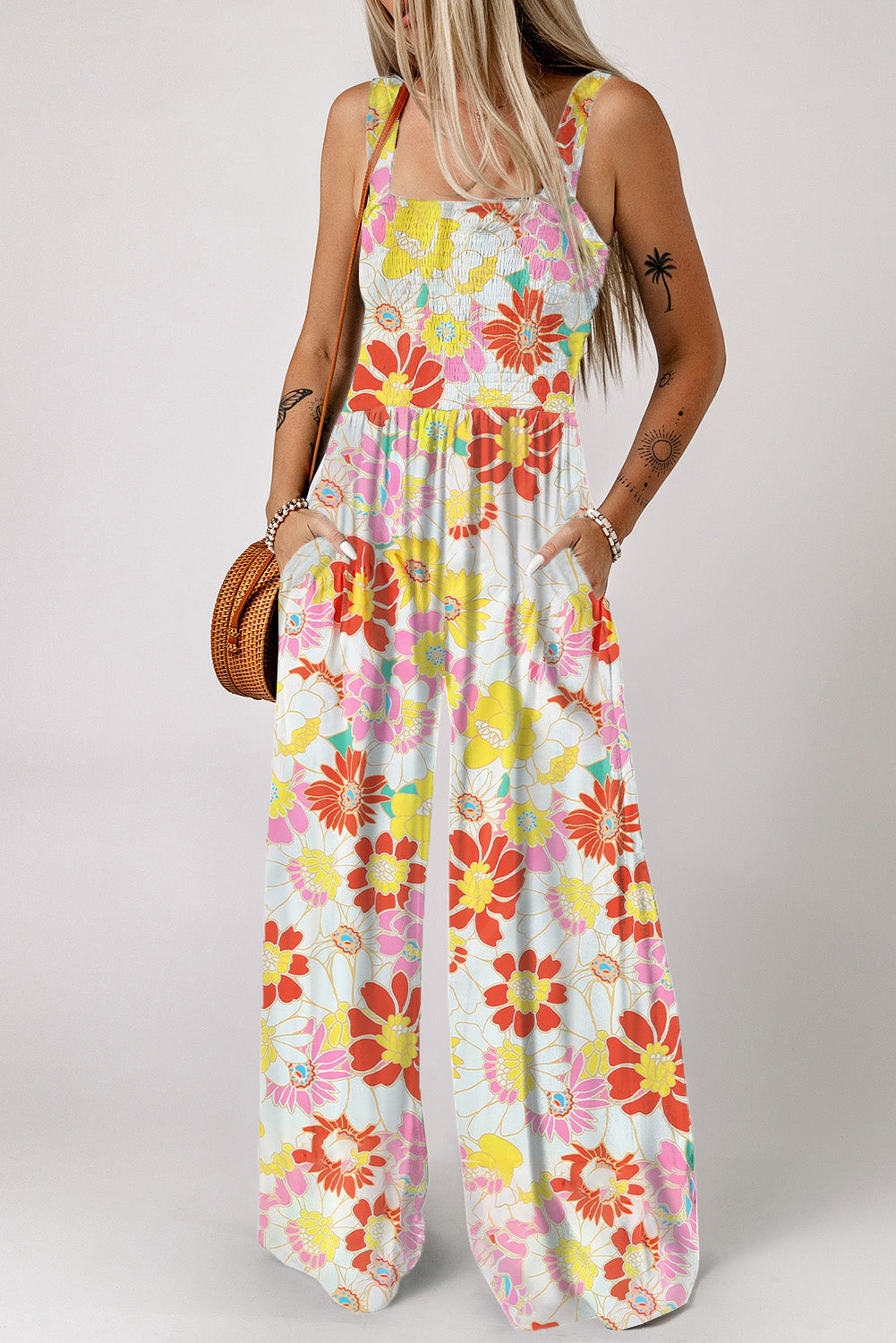 Multicolor Floral Print Ruched Sleeveless Loose Jumpsuit