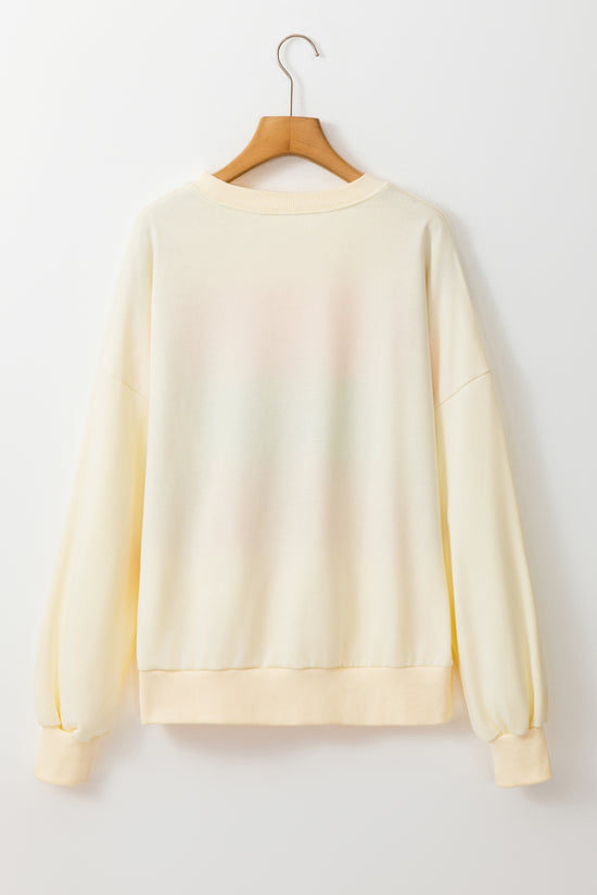 White crew neck sweatshirt with dropped shoulders in color block patchwork