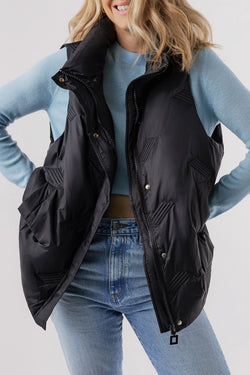 Black quilted jacket with high collar and zipper