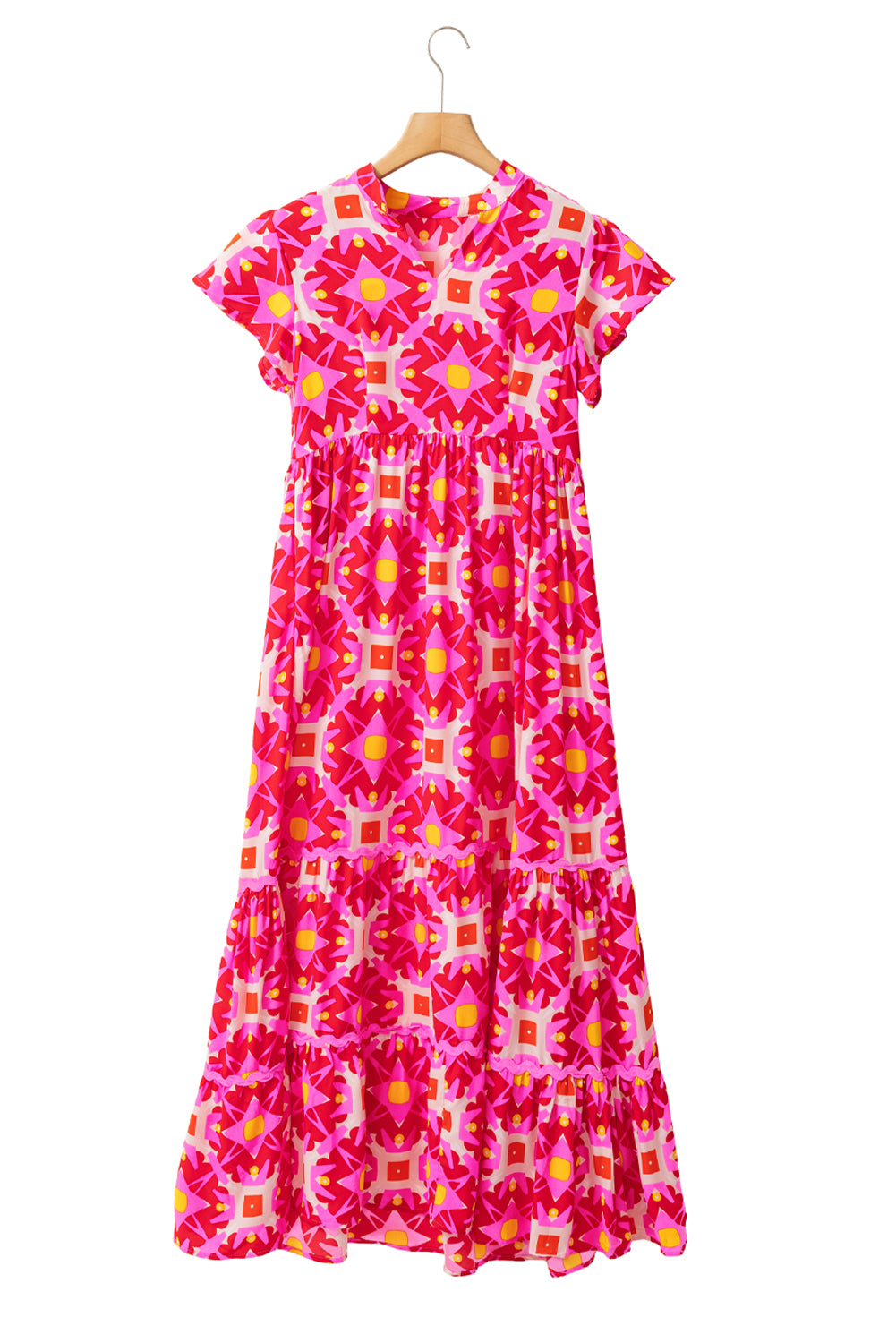 Erdbeerrosa Geo Print V-Ausschnitt Maxikleid