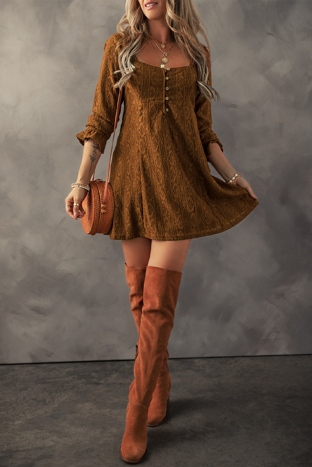 Chestnut Lace Crochet Buttoned Square Neck Shift Mini Dress