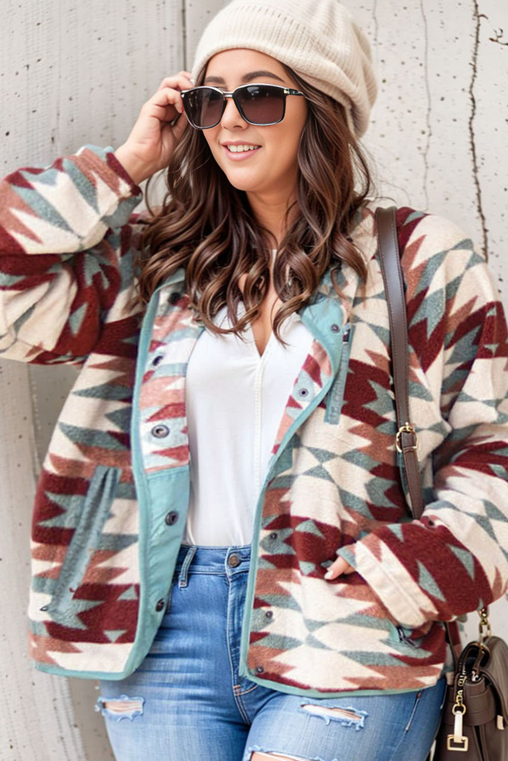 Plus Size Fiery Red Geometric Aztec Pattern Fleece Jacket