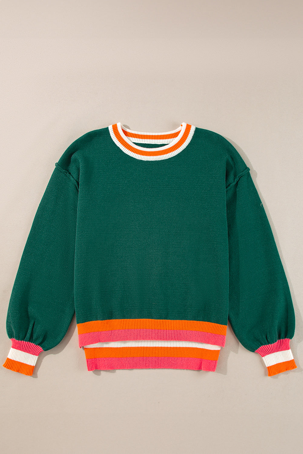 Blackish green color block striped trim drop shoulder sweater