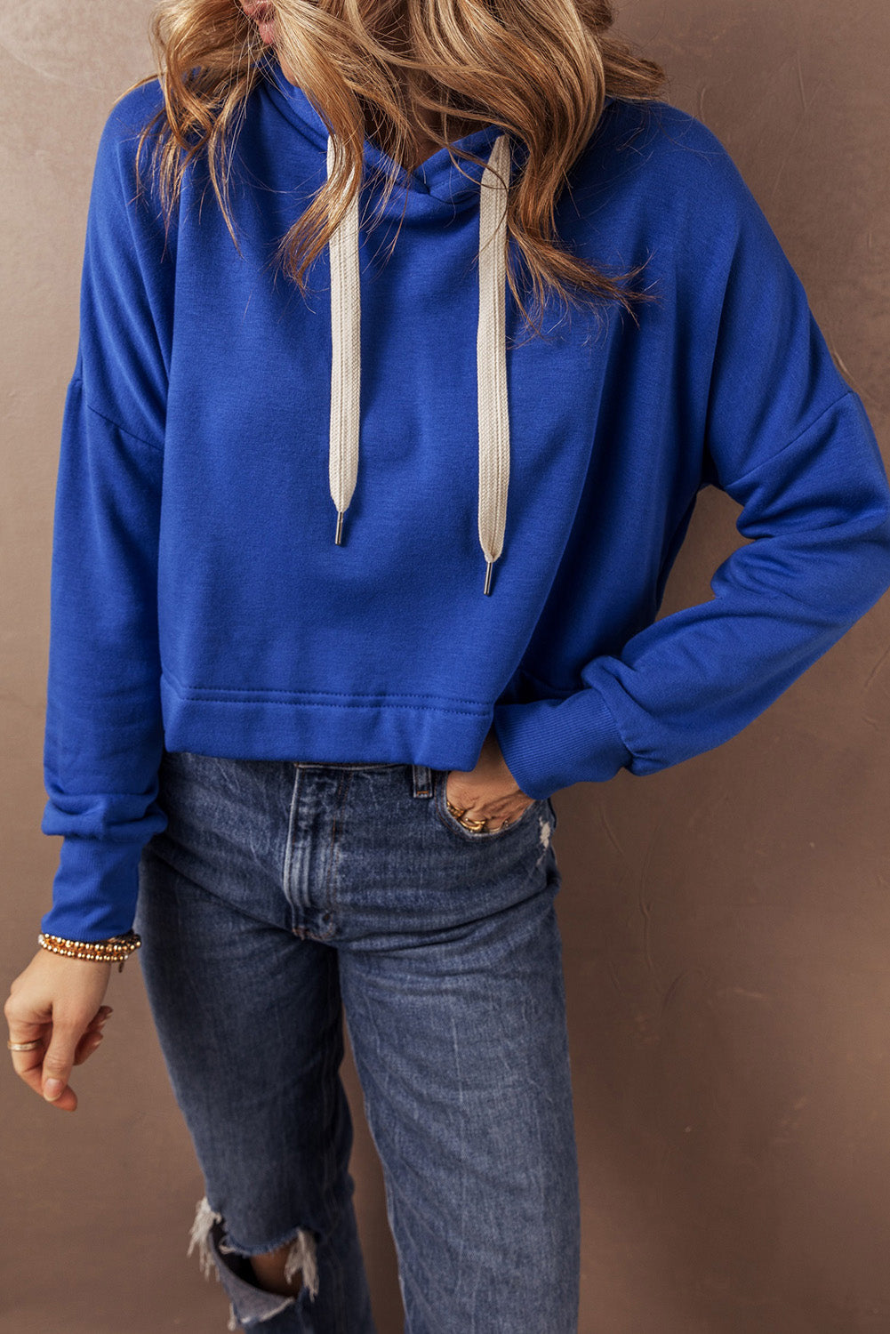 Dark Blue Drop Shoulder Drawstring Cropped Hoodie