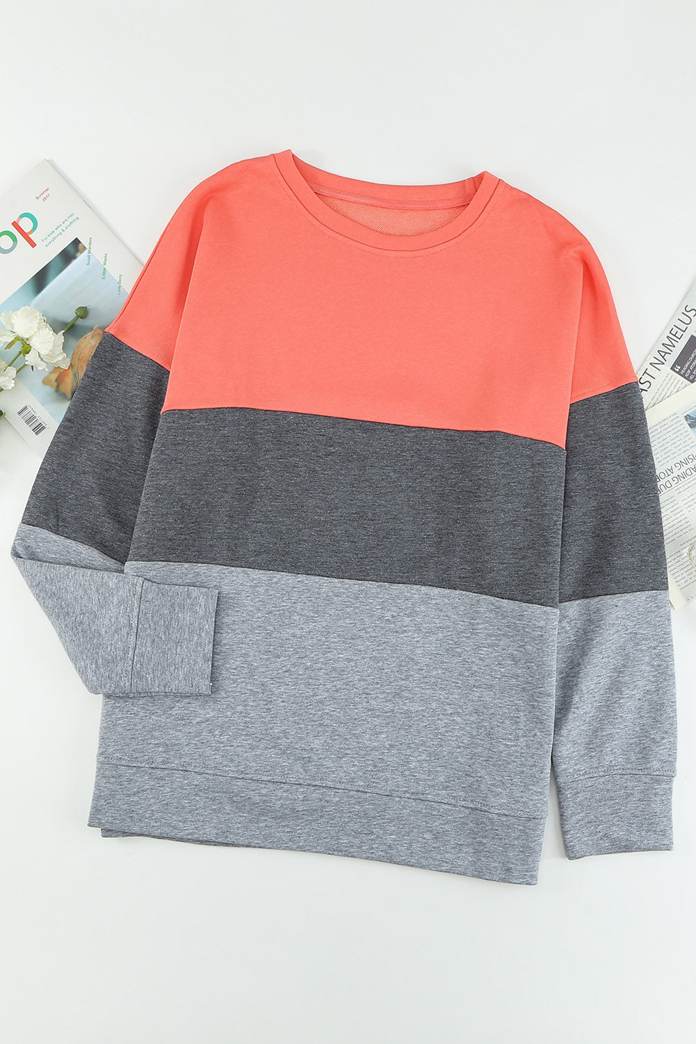 Gray Round Neck Colorblock Sweatshirt Large Size