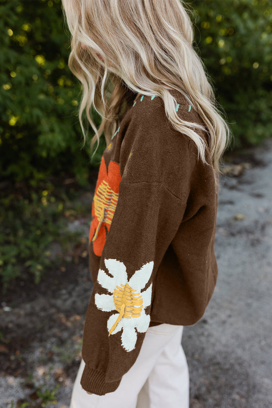 Pulp with drooping shoulders and V -collar with large coffee flowers pattern