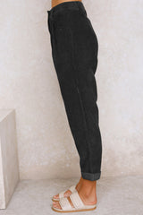 Pantalon droit taille haute en velours côtelé noir