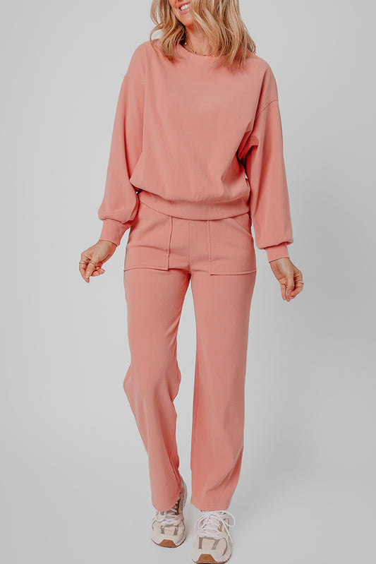 Blossom Drop Shoulder Ribbed Knit Two Piece Lounge Set with Pockets