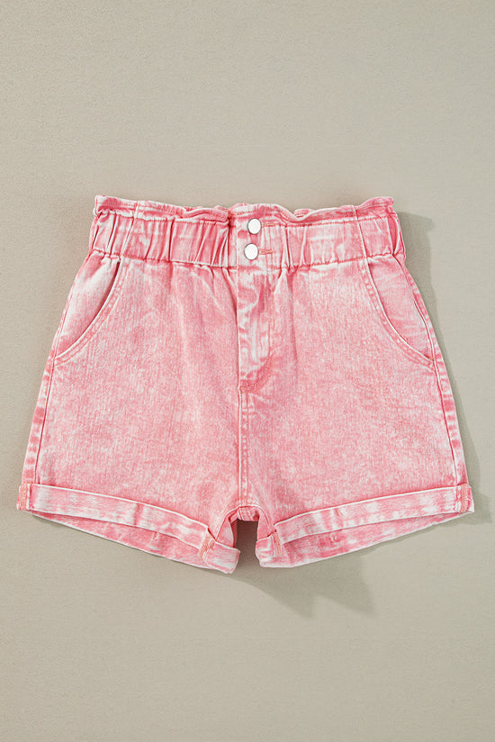 Vintage Washed Dusty Pink Ruffle High Waisted Denim Shorts