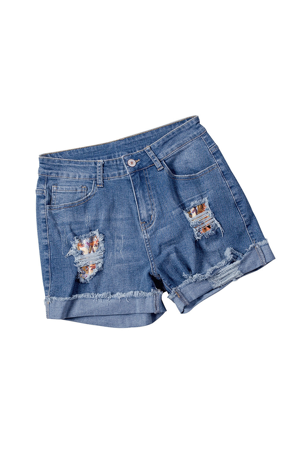 Casual Floral Patchwork Rolled Hem Denim Shorts