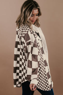 Brown Corduroy Long Jacket with Plaid and Color Block Print, Plus Size