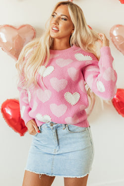 Pull rose à col rond et imprimé cœur perlé pour la Saint-Valentin