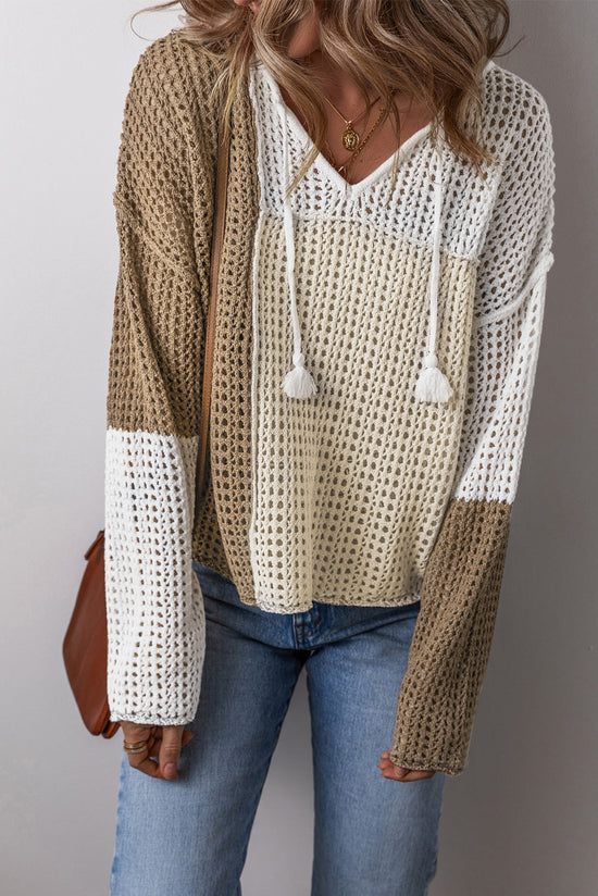 Lightweight V-neck sweater with openwork and knotted front in brown color block