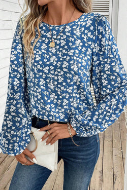 Blue blouse with small flowers and lantern sleeves