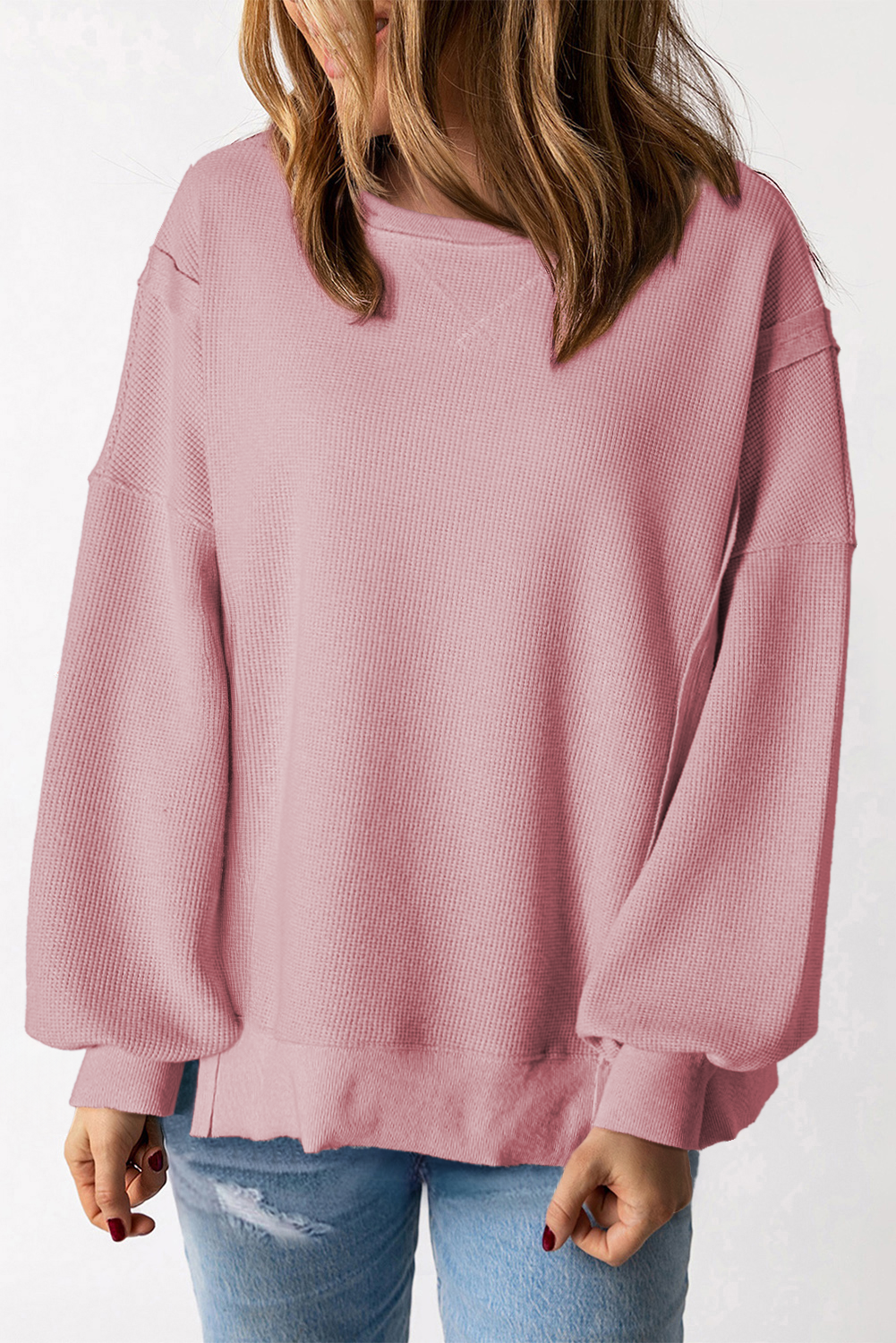 Haut oversize fendu à manches évêque en tricot gaufré rose