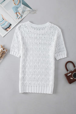 Textured white sweater with semi-long and openwork sleeves