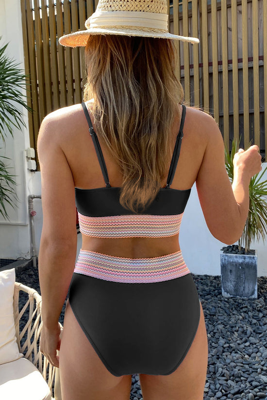 Bikini swimsuit high waist with black stripes and spaghetti strapks