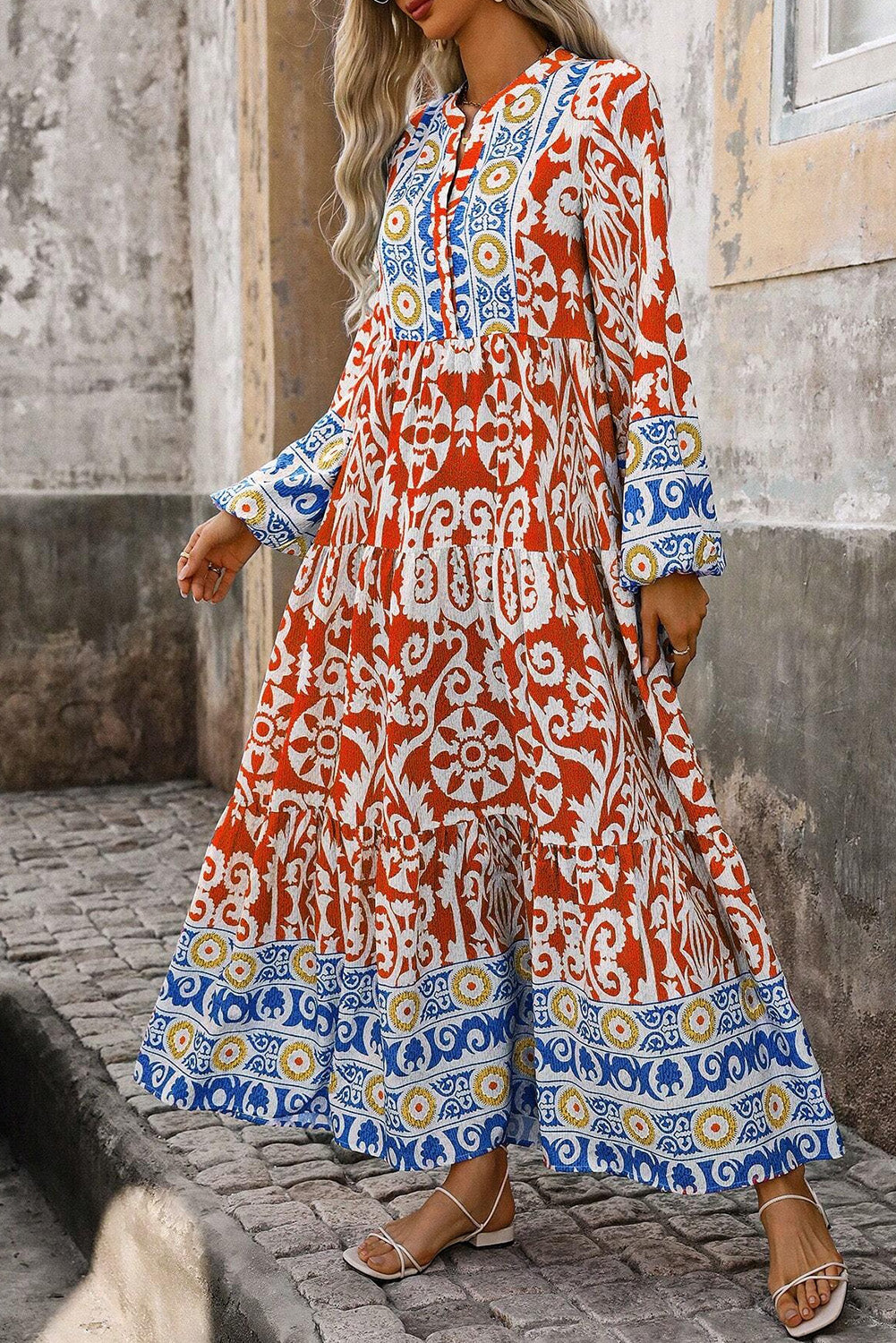 Orange Boho Geometrisch gedrucktes Langarm -Maxikleid