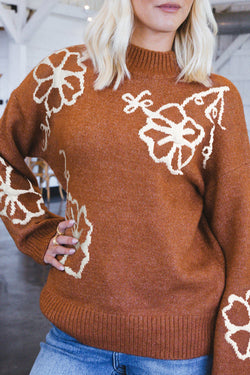 Chestnut floral print ribbed knit sweater