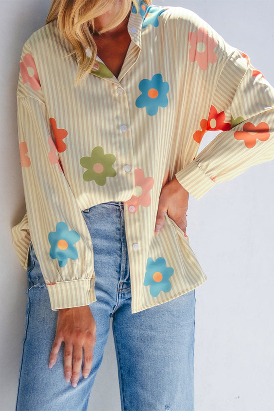 Loose -collar buttoned shirt and apricot floral print