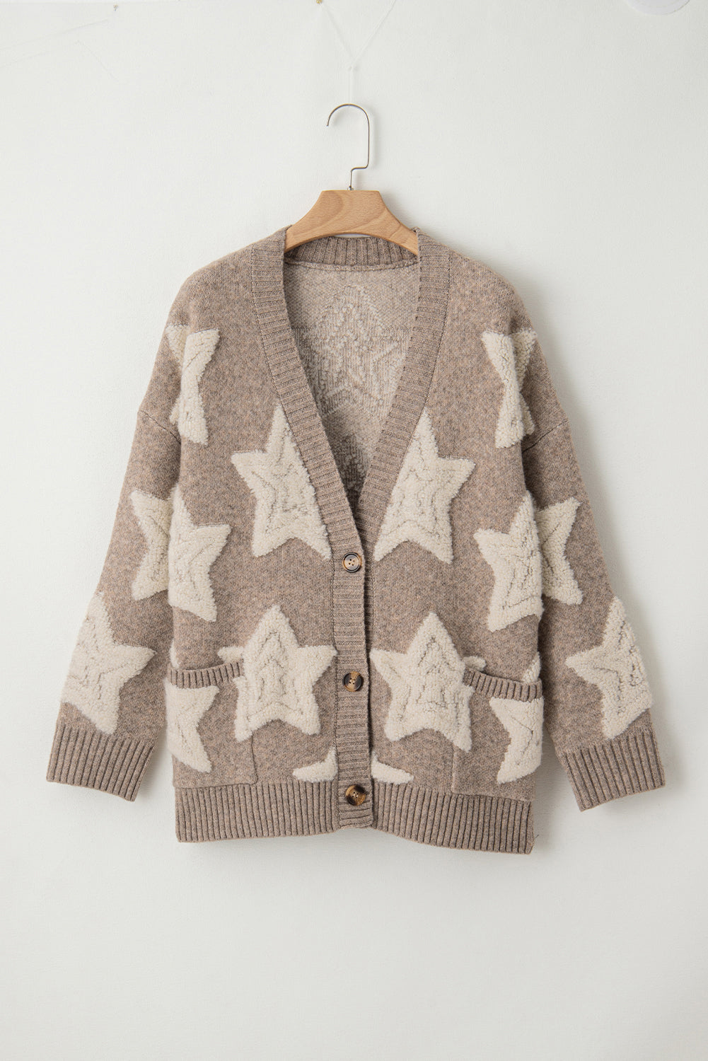 Khaki Star Pattern Sherpa Textured Sweater Cardigan with Pockets