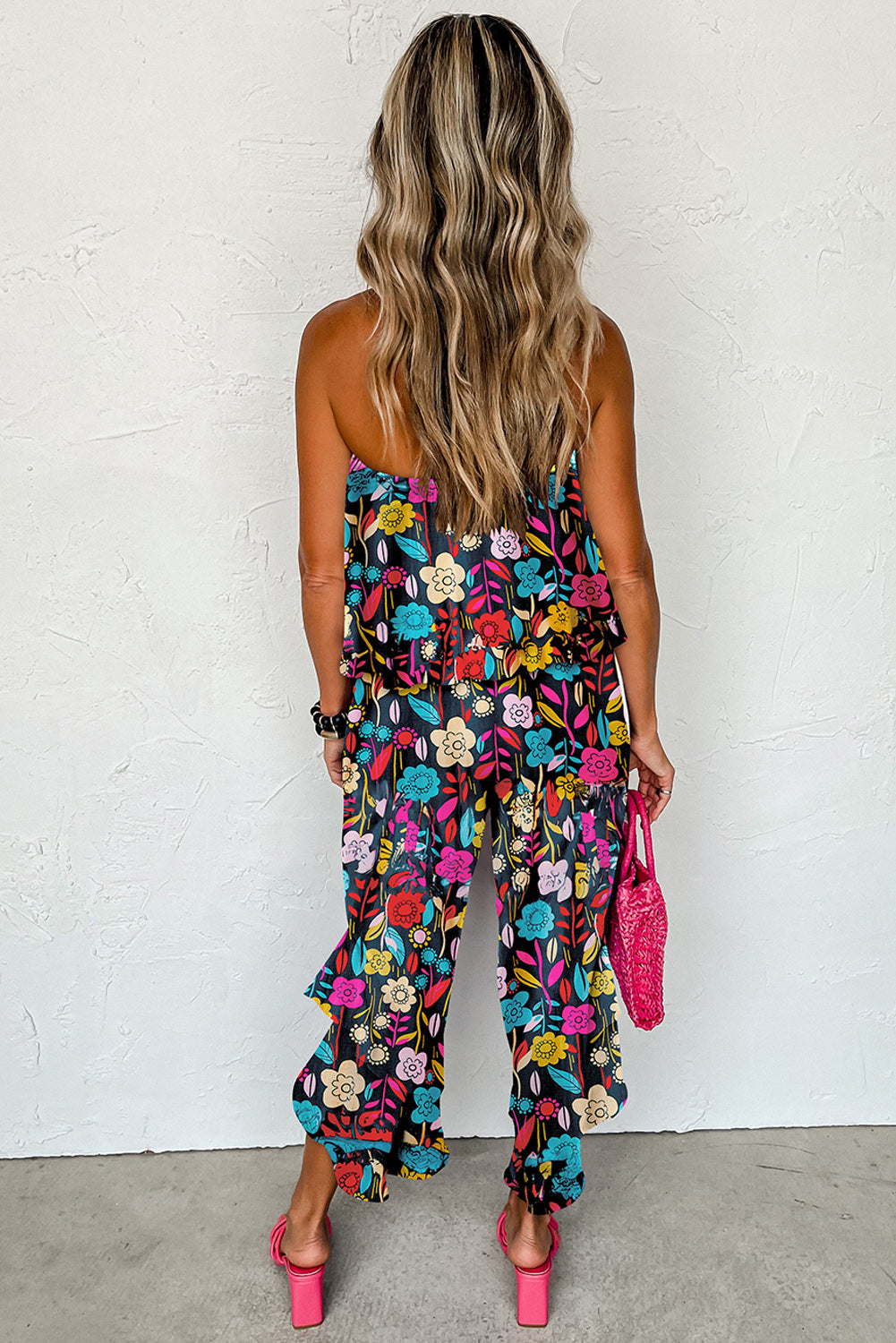 Red Mix Tropical Print trägerloser gekräuselter Jumpsuit