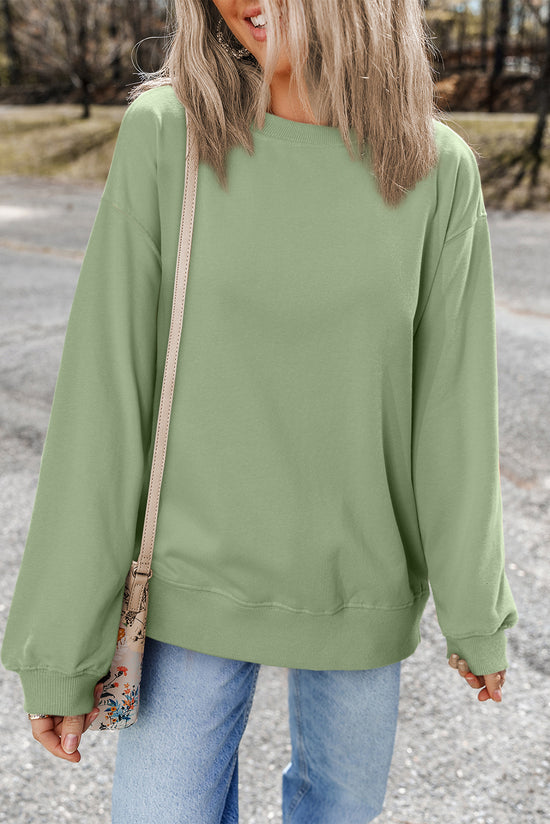 Solid Smoke Green Crew Neck Drop Shoulder Sweatshirt