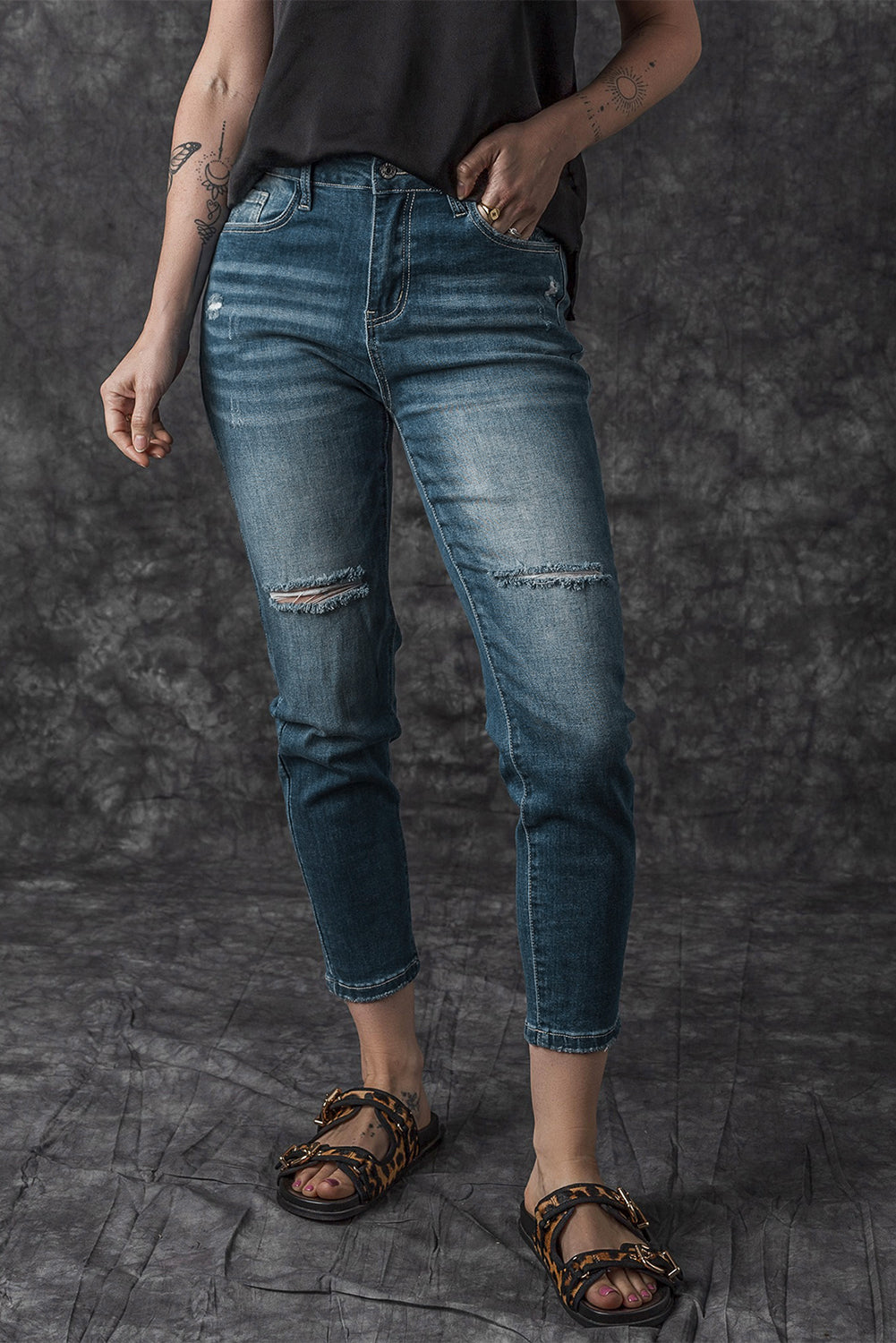 Jean skinny déchiré bleu effet vieilli