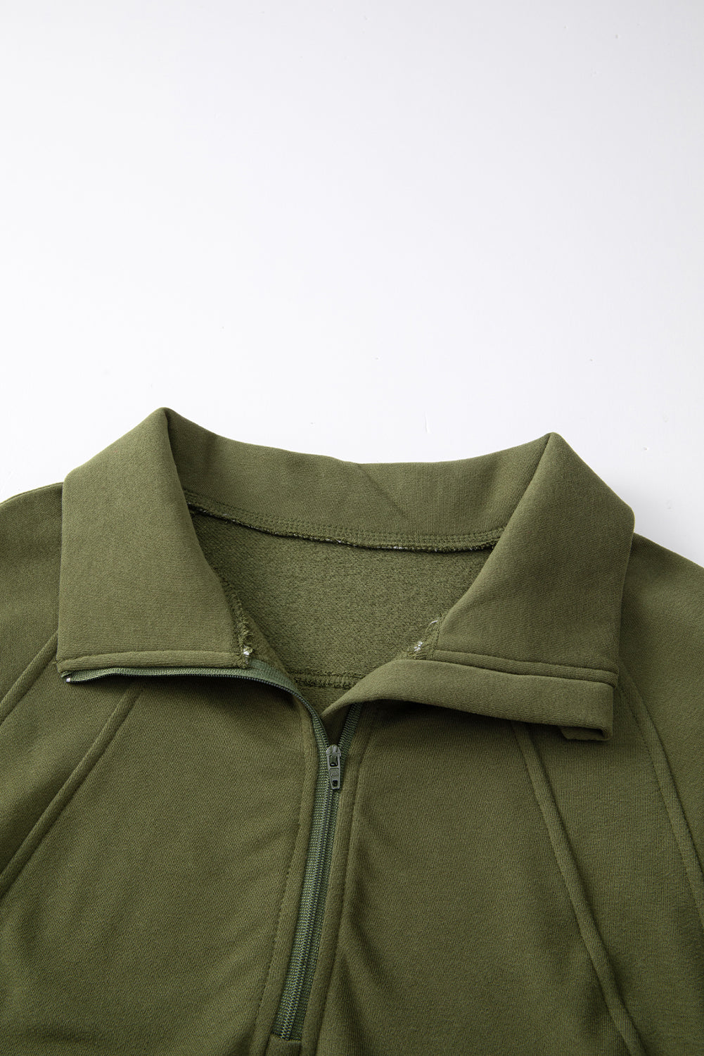 Green Zip Up Stand Collar Ribbed Thumbhole Sleeve Sweatshirt