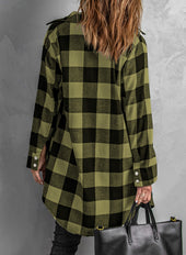 Green plaid shirt coat with turn-down collar